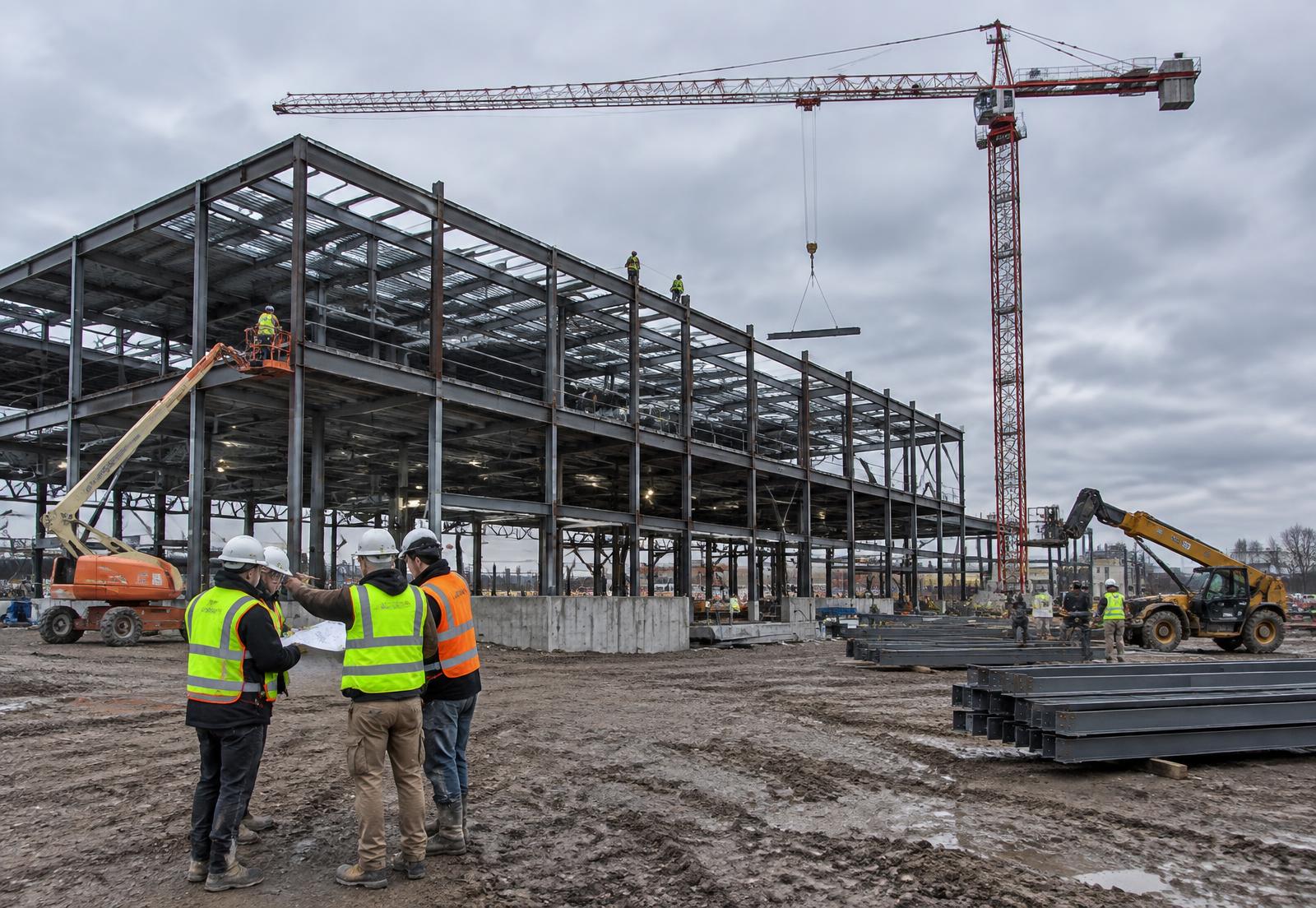 Illustrative view of a construction crew at a steel-frame commercial site