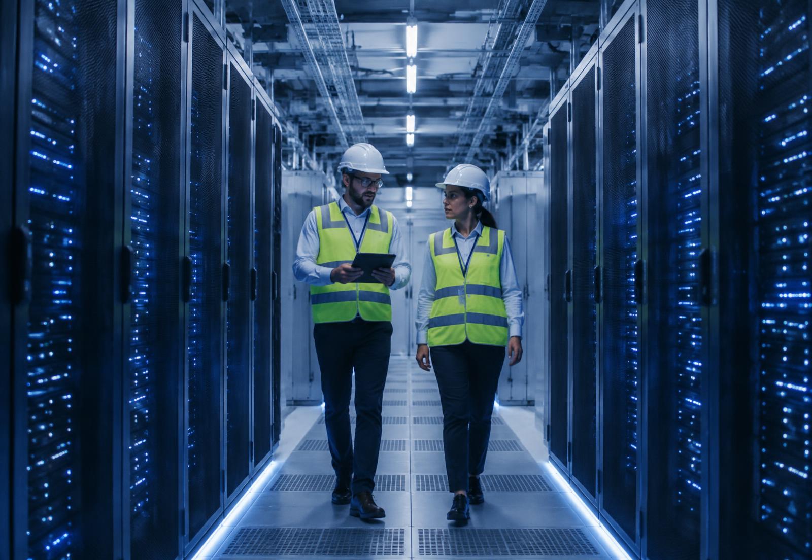 Illustrative view of technicians in a modern data center environment