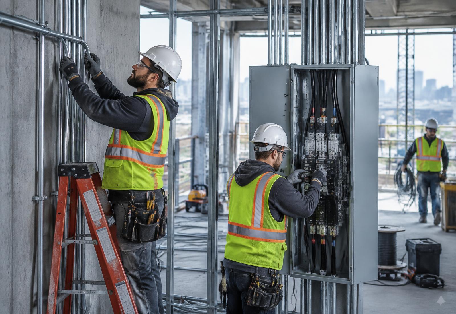 Illustrative view of electrical installation work in a commercial construction setting