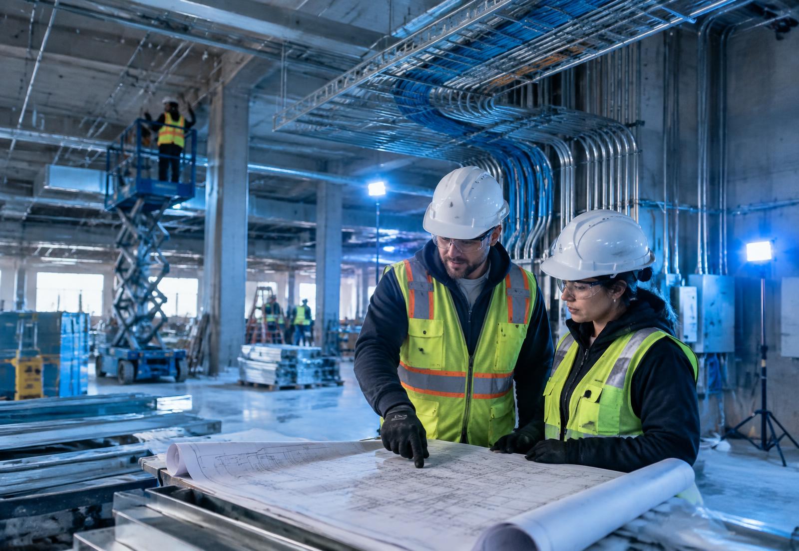 Skilled personnel reviewing project plans in a commercial construction environment