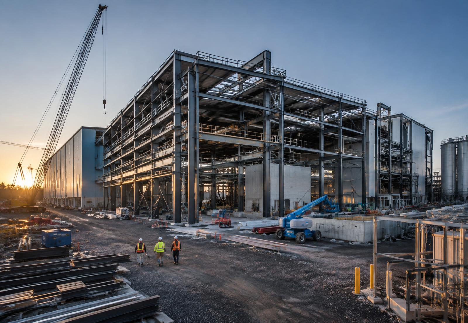 Large industrial construction project supported by skilled workers