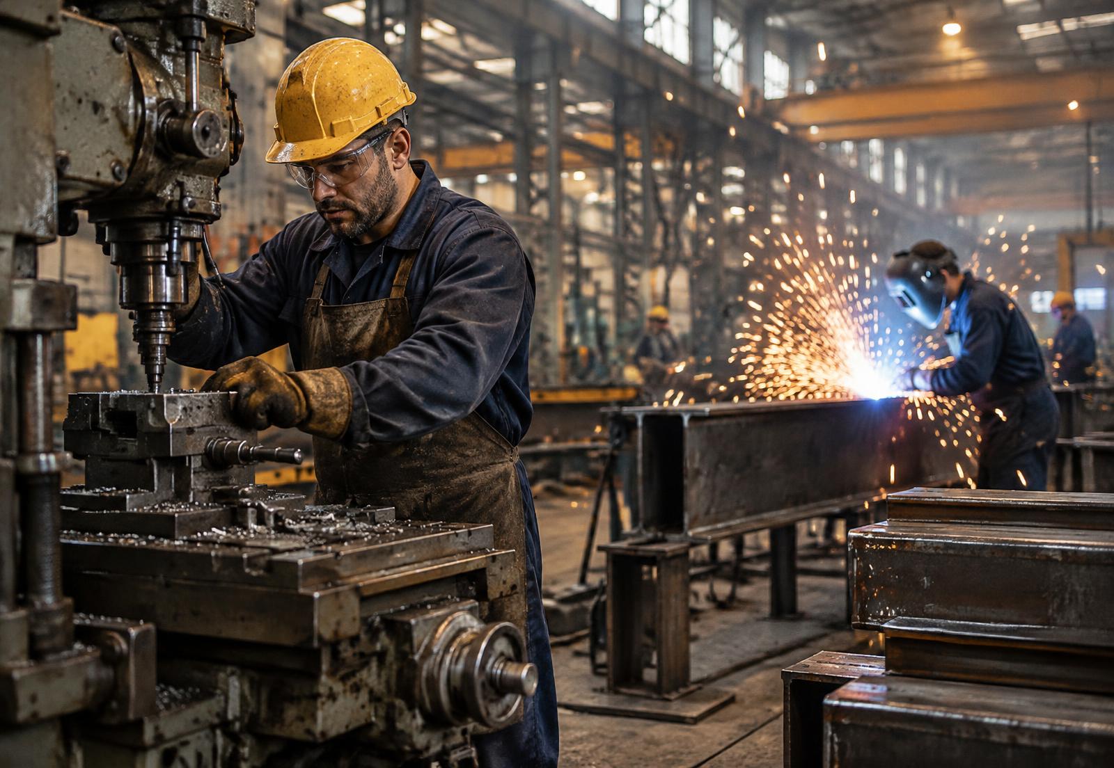 Illustrative view of skilled tradespeople inside an industrial facility